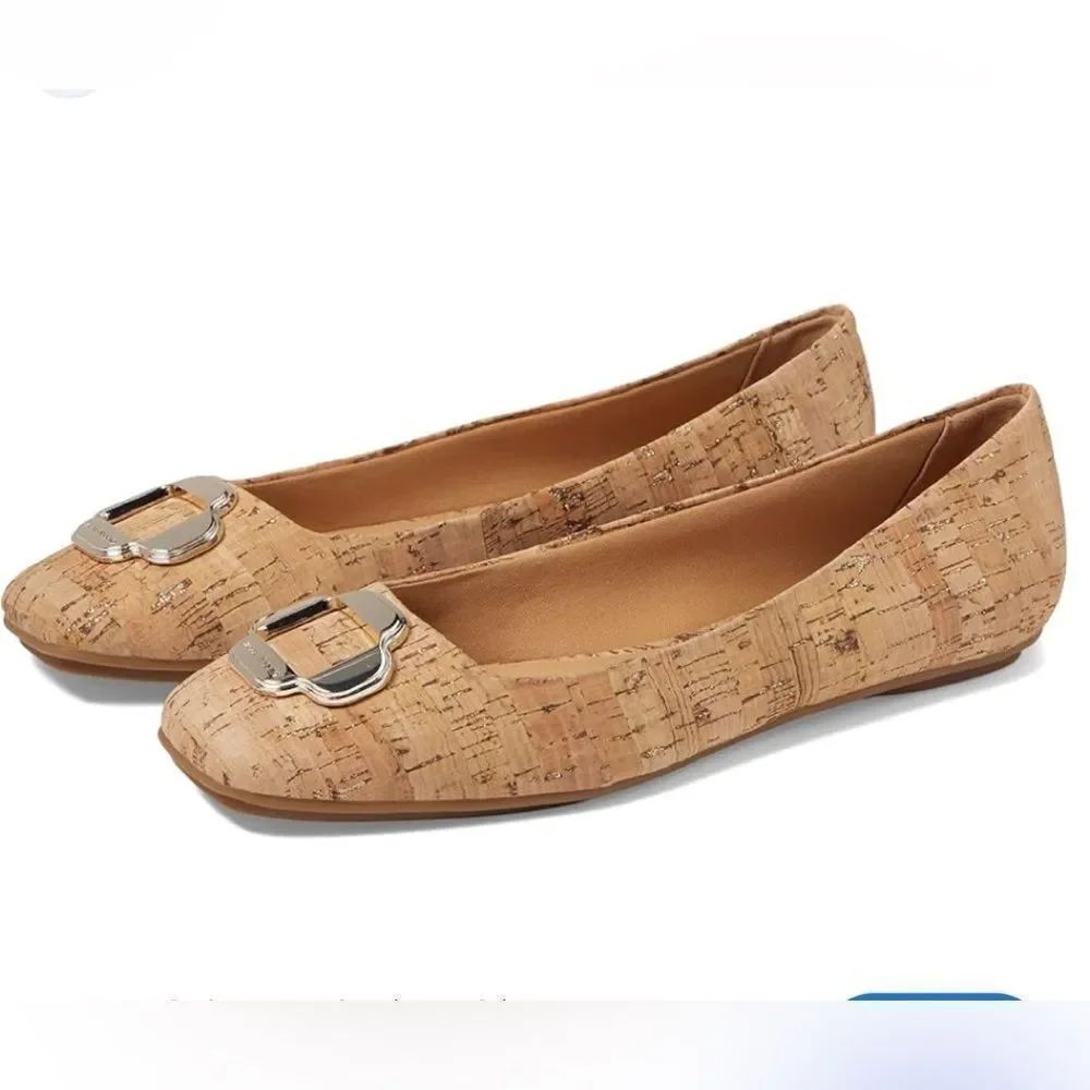 Anne Klein AGGIE Tan Gold Metallic Cork Flecked Buckle Toe Ballet Flats NEW